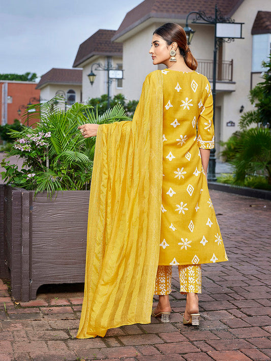 NOZ2TOZ Women's Cotton Blend Printed Straight Kurta Pant With Dupatta - Mustard
