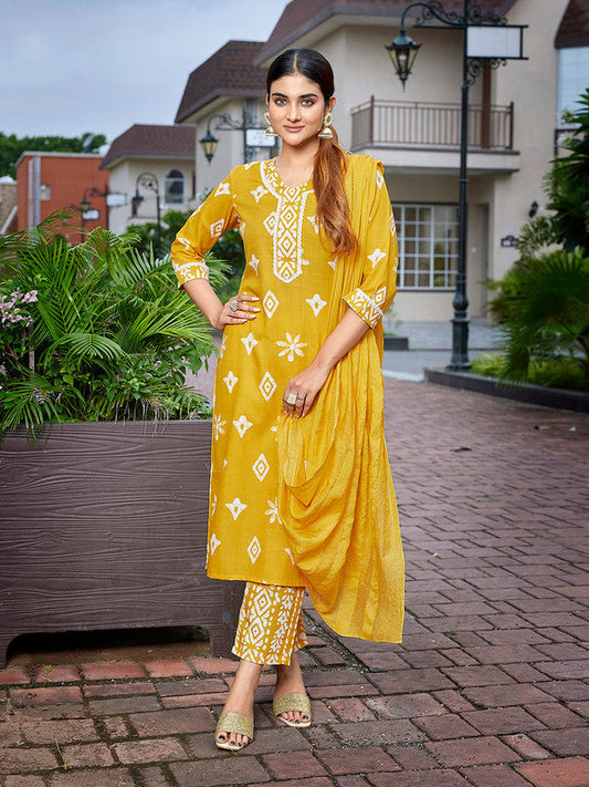 NOZ2TOZ Women's Cotton Blend Printed Straight Kurta Pant With Dupatta - Mustard