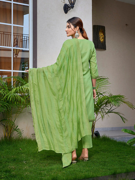 Malishka Women's Cotton Blend Embroidered Straight Kurta Pant With Dupatta - Light Green
