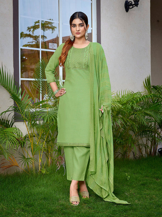 Malishka Women's Cotton Blend Embroidered Straight Kurta Pant With Dupatta - Light Green