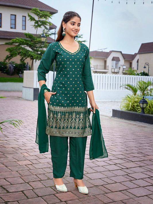 NOZ2TOZ Women's Crepe Printed Straight Kurta Pant With Dupatta - Bottle Green