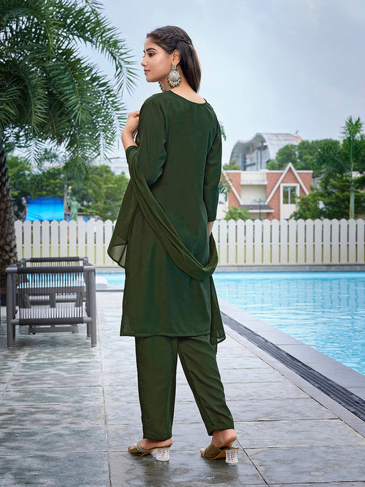 NOZ2TOZ Women's Crepe Printed Straight Kurta Pant With Dupatta - Mehndi Green