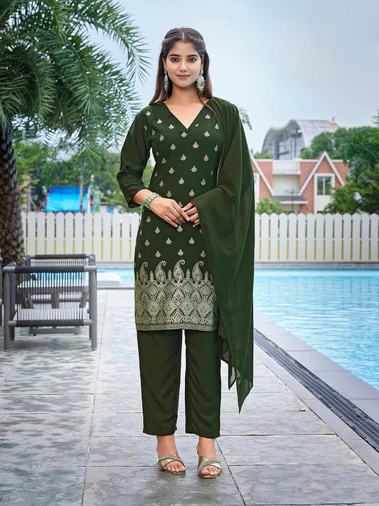 NOZ2TOZ Women's Crepe Printed Straight Kurta Pant With Dupatta - Mehndi Green