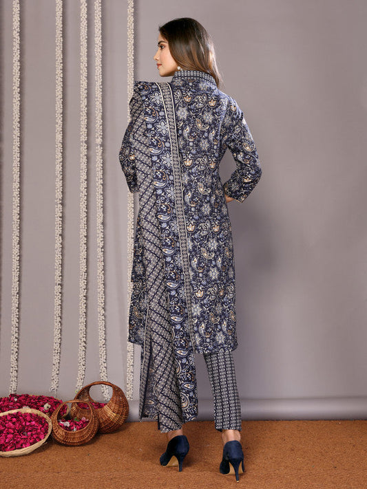 Malishka Women's Cotton Blend Printed Straight Kurta Pant With Dupatta - Black