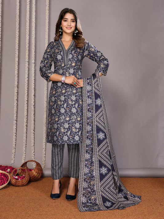Malishka Women's Cotton Blend Printed Straight Kurta Pant With Dupatta - Black