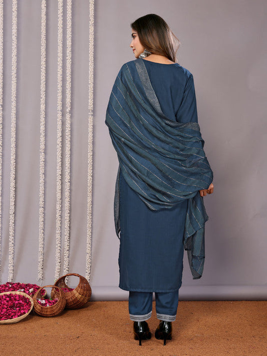 Malishka Women's Cotton Blend Printed Straight Kurta Pant With Dupatta - Teal Blue