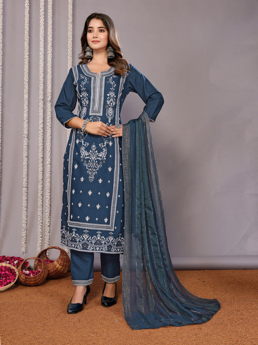 Malishka Women's Cotton Blend Printed Straight Kurta Pant With Dupatta - Teal Blue
