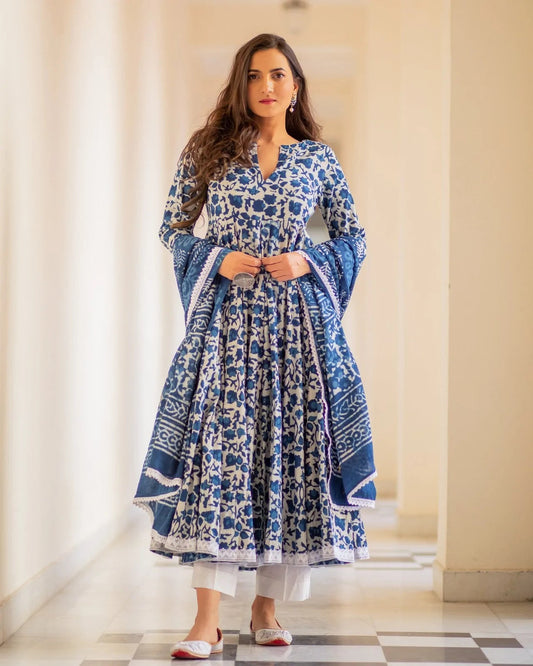 Malishka Women's Blue Cotton Flared Floral Printed Salwar Suit Set - Blue - Grab2buy
