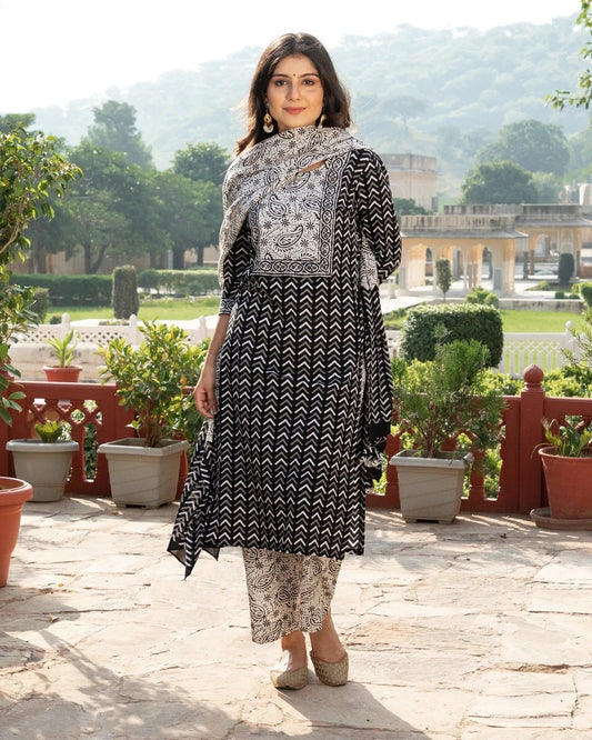 Indian Clothing Malishka Womens Black Cotton Printed Kurta and Pant Set with Dupatta - Black - Malishka