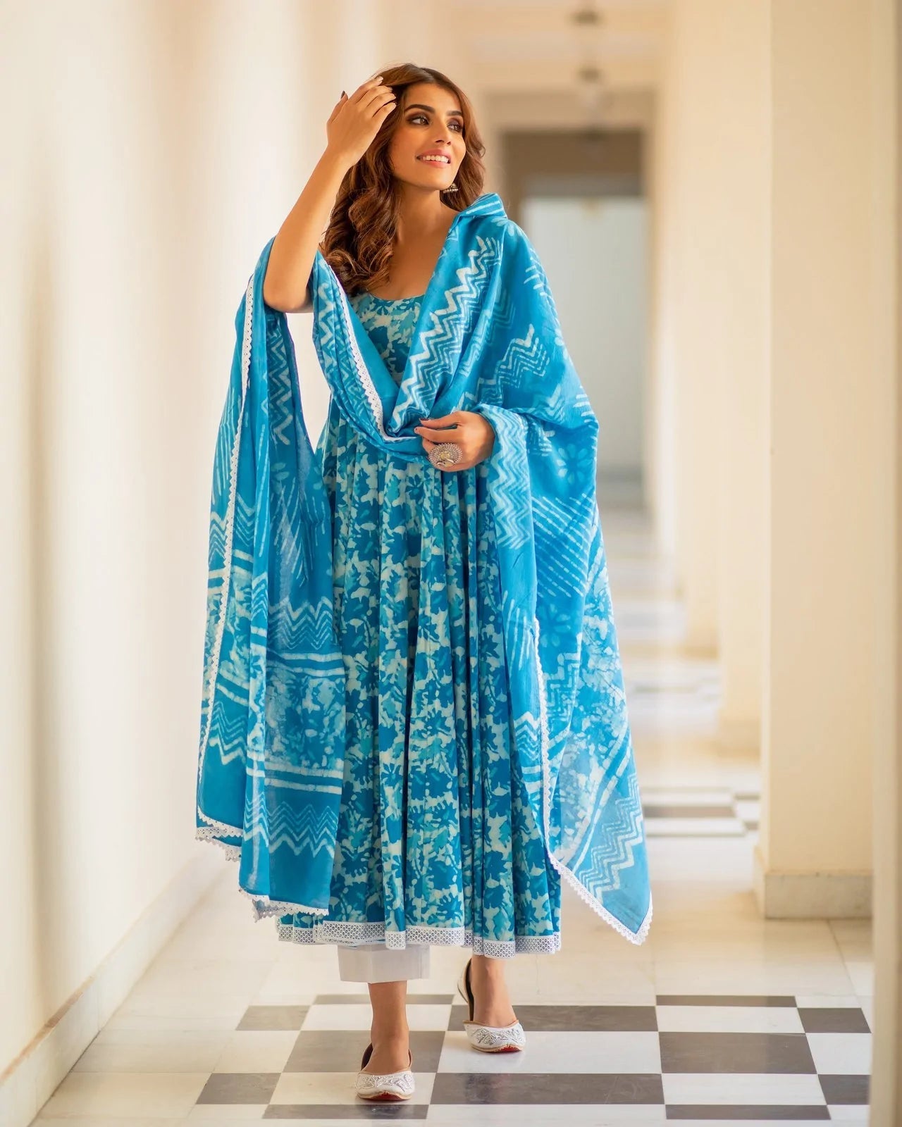 Malishka Womens Sky Blue Abstract Printed Cotton Kurta and Pant Set with Dupatta - Sky Blue - Grab2buy