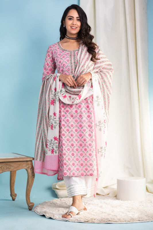 Malishka Womens Cotton Blend Kurta Pant Set With Dupatta - Pink - Grab2buy