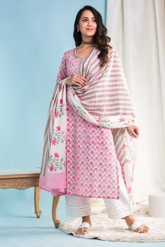 Malishka Womens Cotton Blend Kurta Pant Set With Dupatta - Pink - Grab2buy