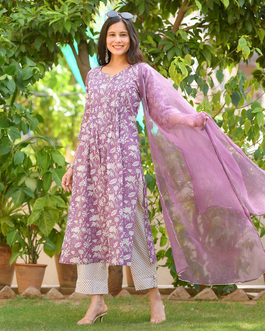 Malishka Womens Purple Cotton Kurta Pant Set With Dupatta - Purple - Grab2buy
