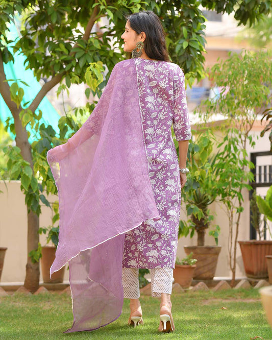 Malishka Womens Purple Cotton Kurta Pant Set With Dupatta - Purple - Grab2buy