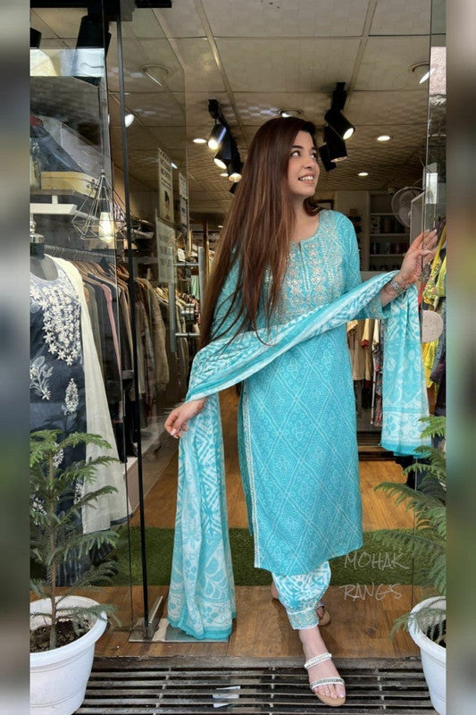 NOZ2TOZ Womens Sky Blue Cotton Bandhani Printed & Embroidery Kurta Set With Dupatta