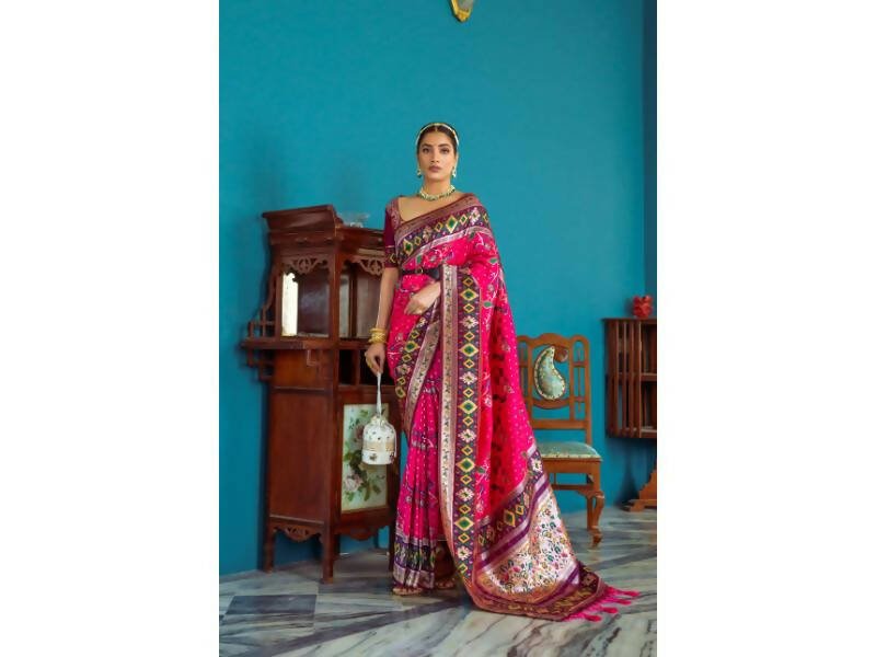 Aastha Fashion Women's Pink Paithani Silk Meenakari Zari Woven Saree with Blouse - Grab2buy