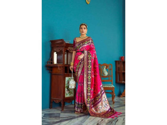 Aastha Fashion Women's Pink Paithani Silk Meenakari Zari Woven Saree with Blouse - Grab2buy