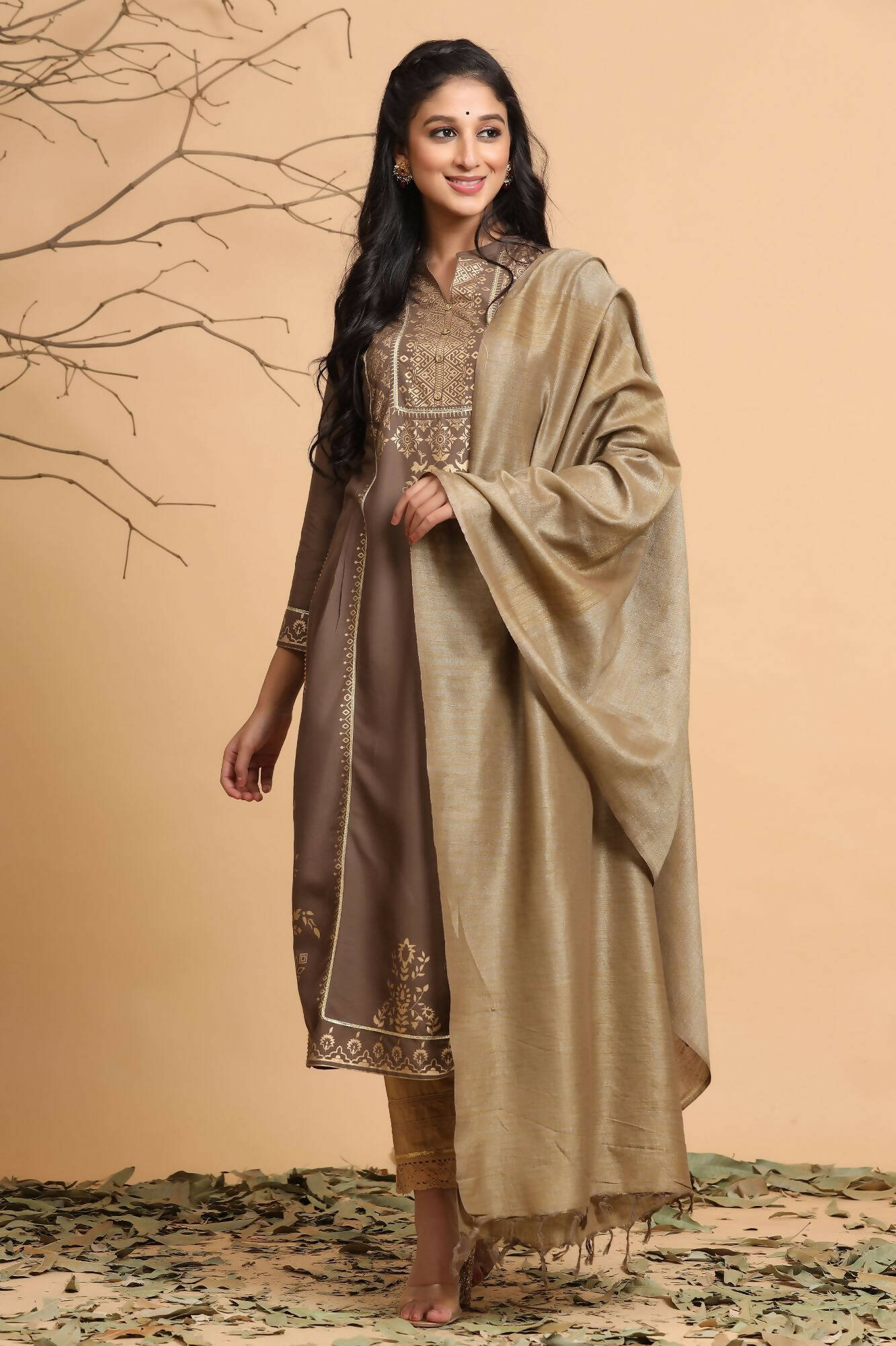 Juniper Women's Brown Rayon Printed Straight Kurta Set