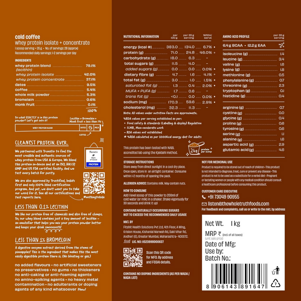 The Whole Truth Whey Protein Isolate+Concentrate - Cold Coffee  Grab2Buy The Whole Truth Grab2Buy
