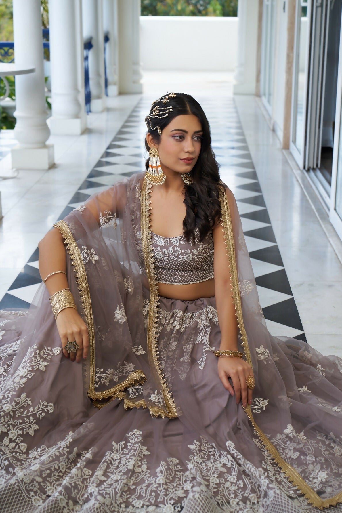 Eilara Glamorous Light Dusty Brown Butterfly Net With Thread And Sequins Embroidered Work Lehenga Choli