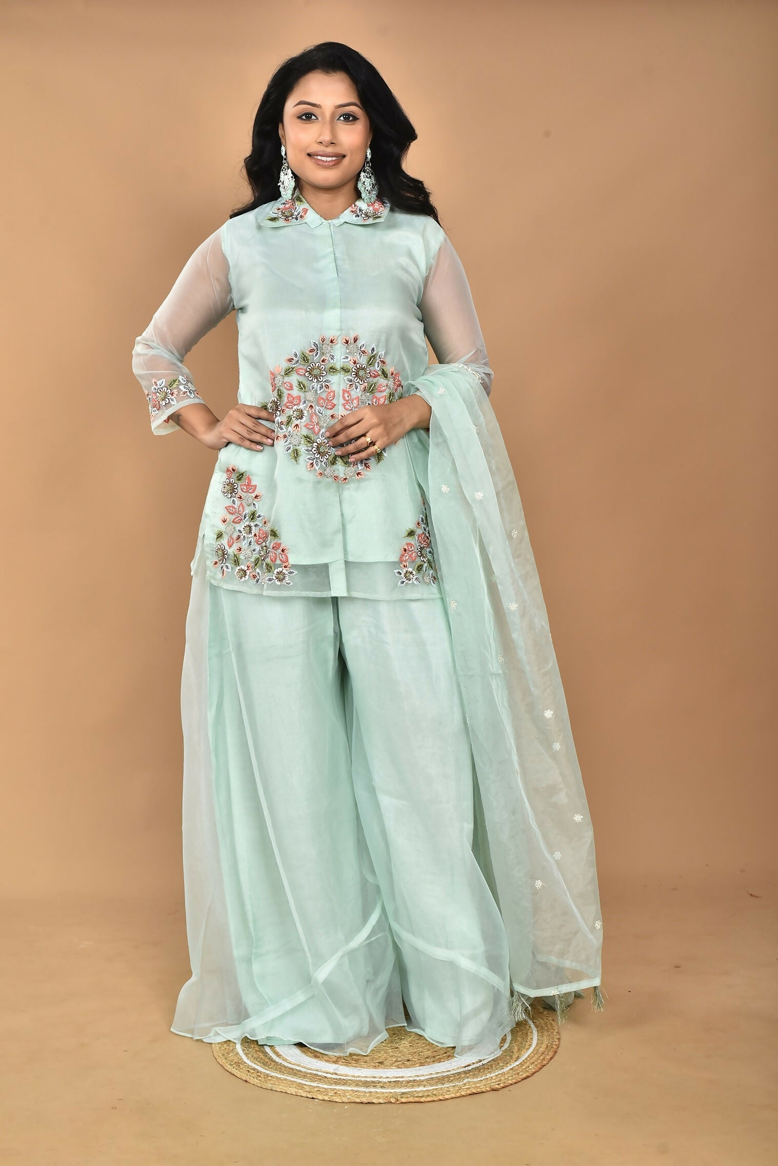 Morchari Women And Hand Embroidery Palazzo Set-Sea Green | Grab2Buy