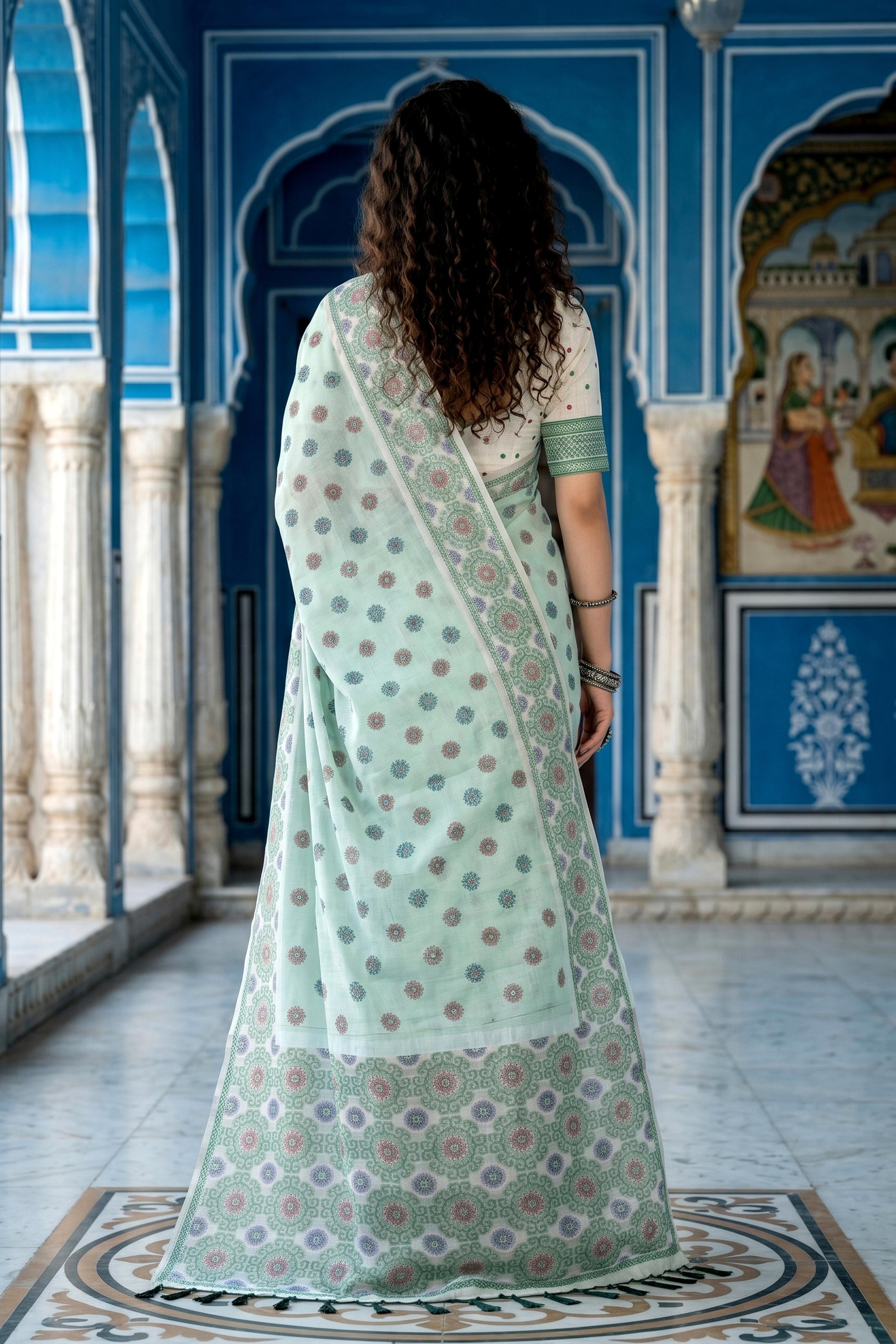 Sangam Prints Pastel Mint Green Cotton Blend Woven Work Traditional Saree