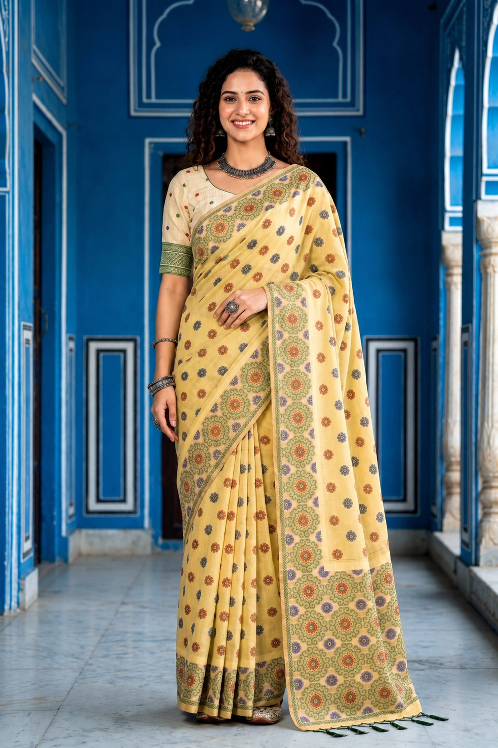 Sangam Prints Lemon Yellow Cotton Blend Woven Work Traditional Saree