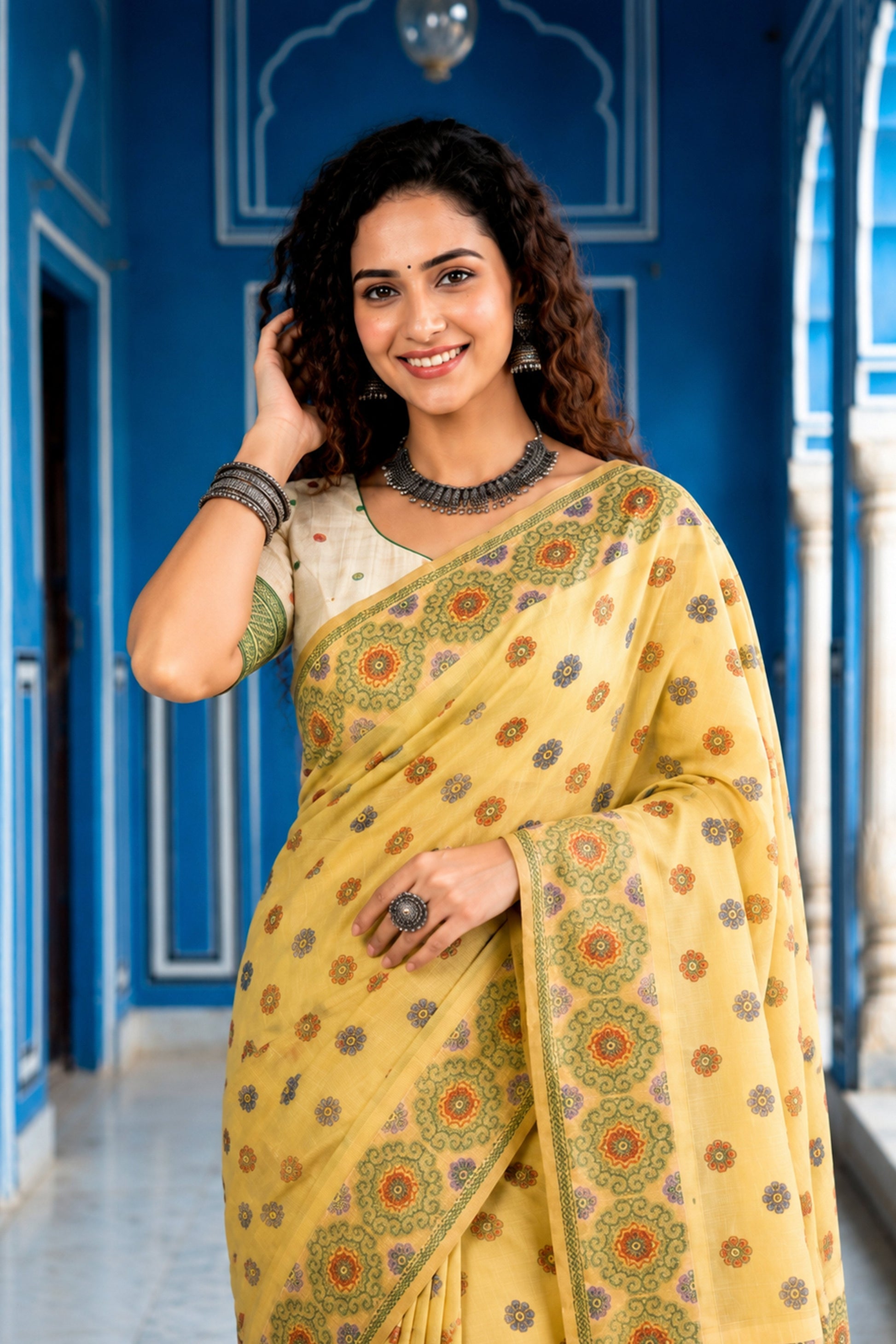 Sangam Prints Lemon Yellow Cotton Blend Woven Work Traditional Saree
