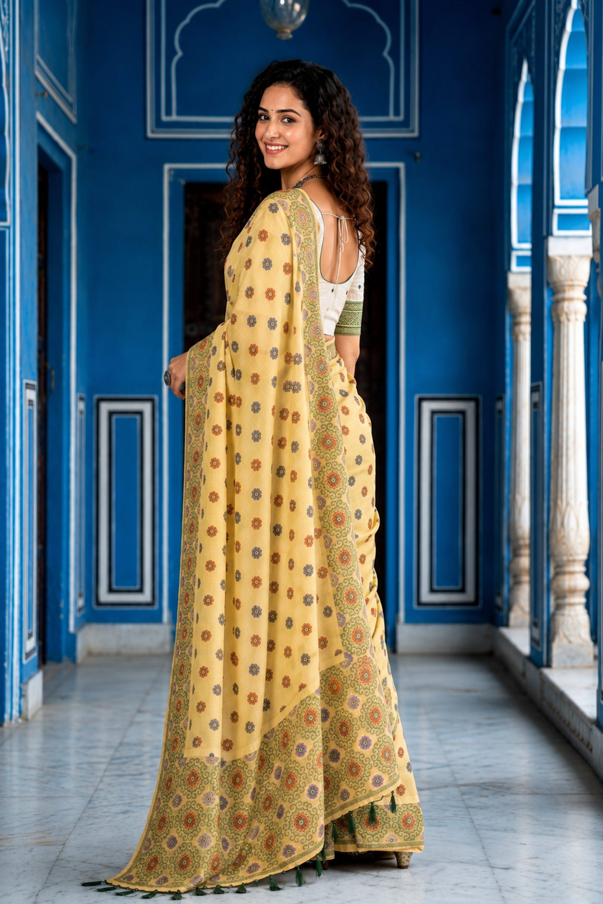 Sangam Prints Lemon Yellow Cotton Blend Woven Work Traditional Saree