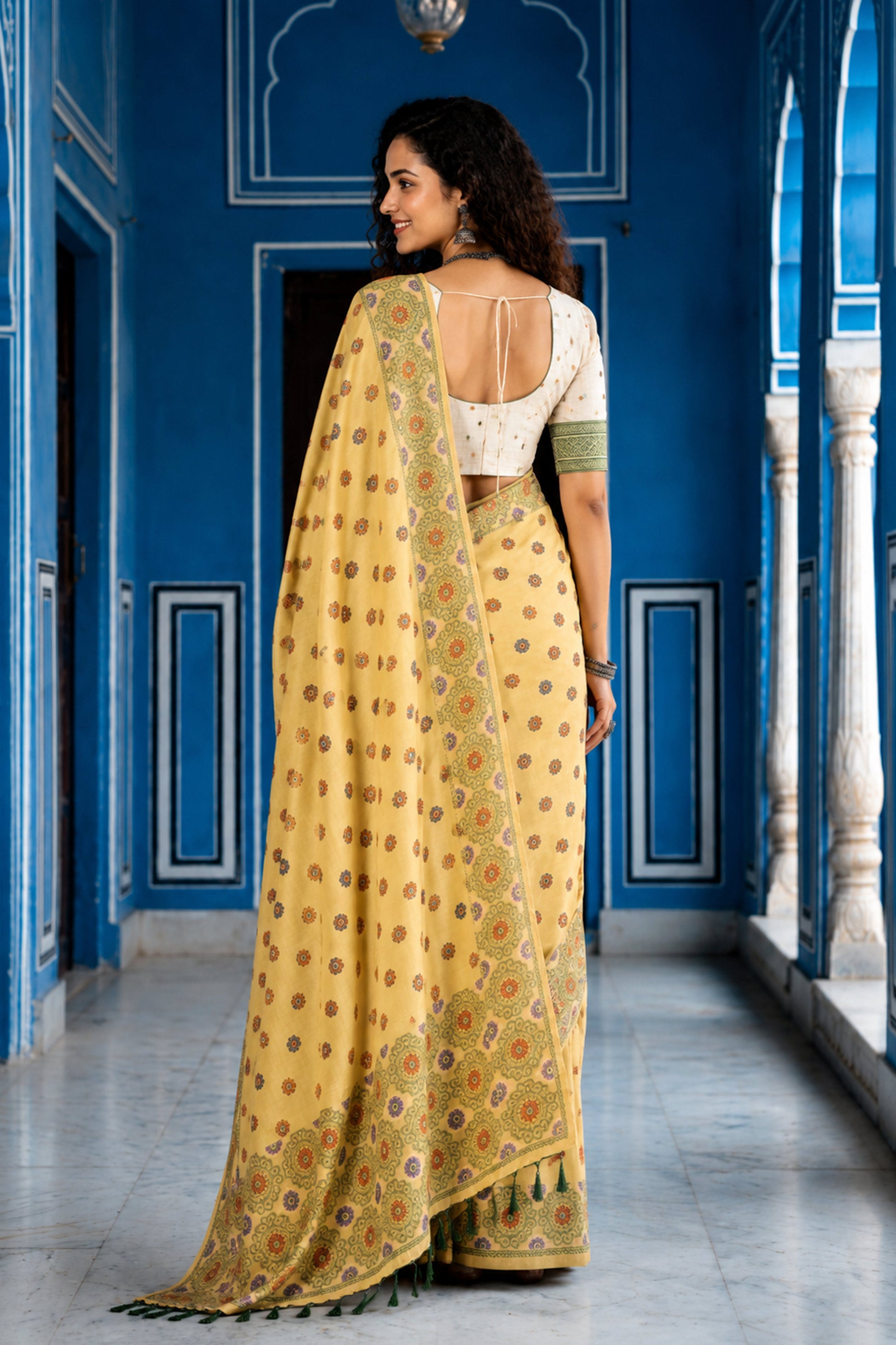 Sangam Prints Lemon Yellow Cotton Blend Woven Work Traditional Saree