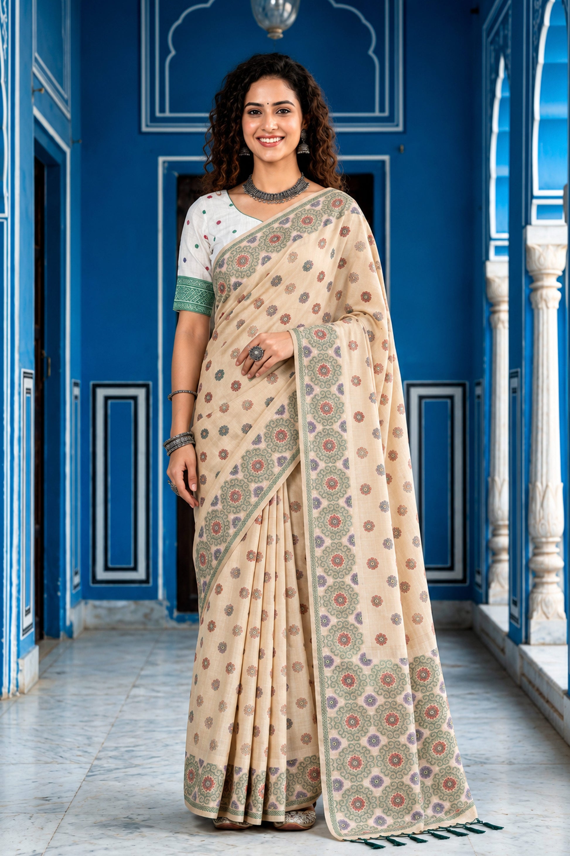Sangam Prints Beige Cotton Blend Woven Work Traditional Saree