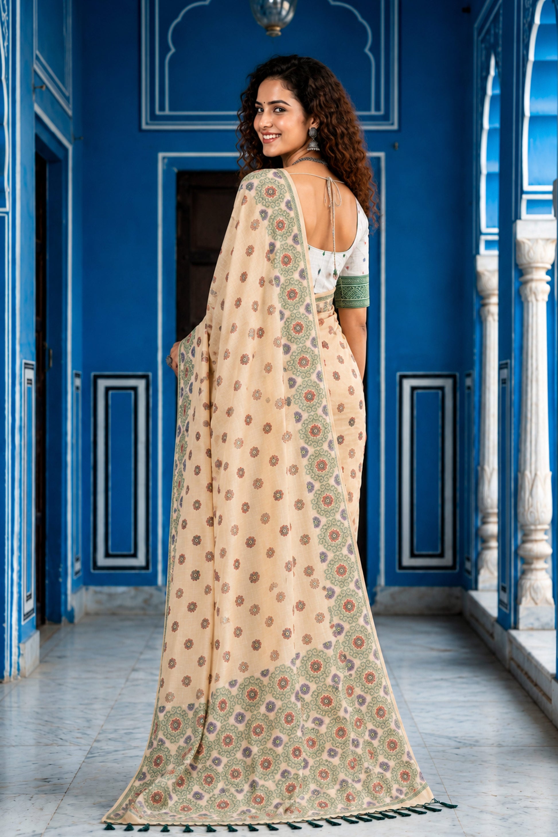 Sangam Prints Beige Cotton Blend Woven Work Traditional Saree