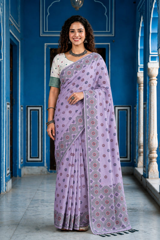 Sangam Prints Baby Pink Cotton Blend Woven Work Traditional Saree