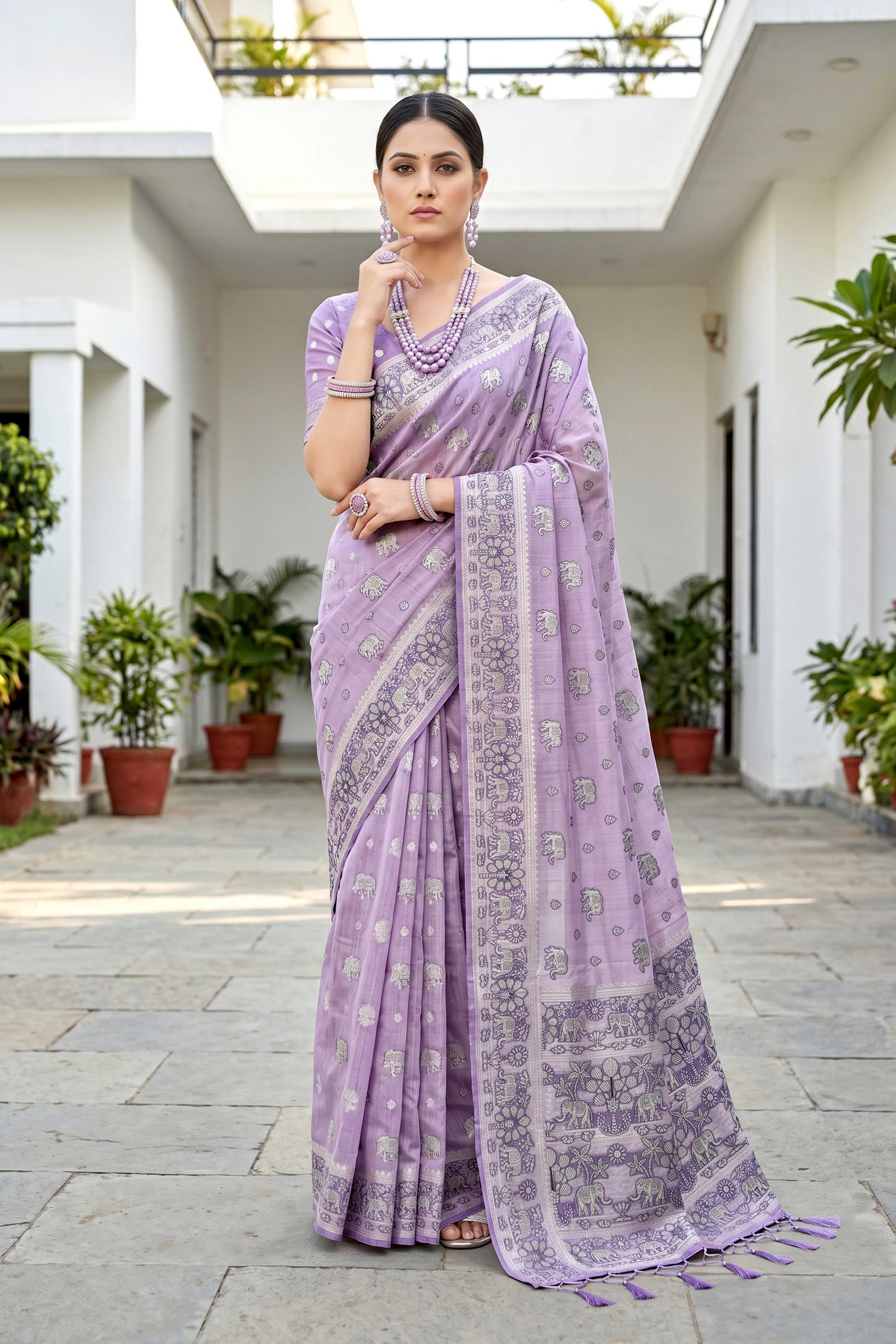 Sangam Prints Lavender Purple Cotton Blend Woven Work Traditional Saree
