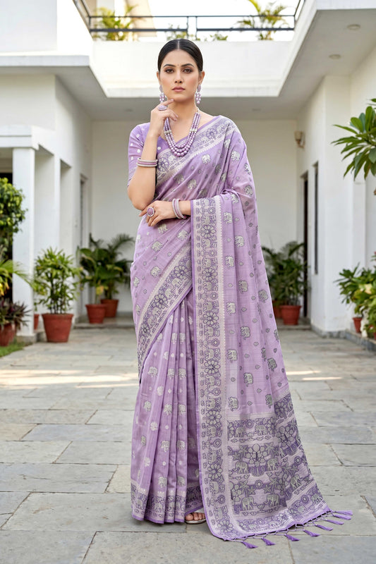 Sangam Prints Lavender Purple Cotton Blend Woven Work Traditional Saree