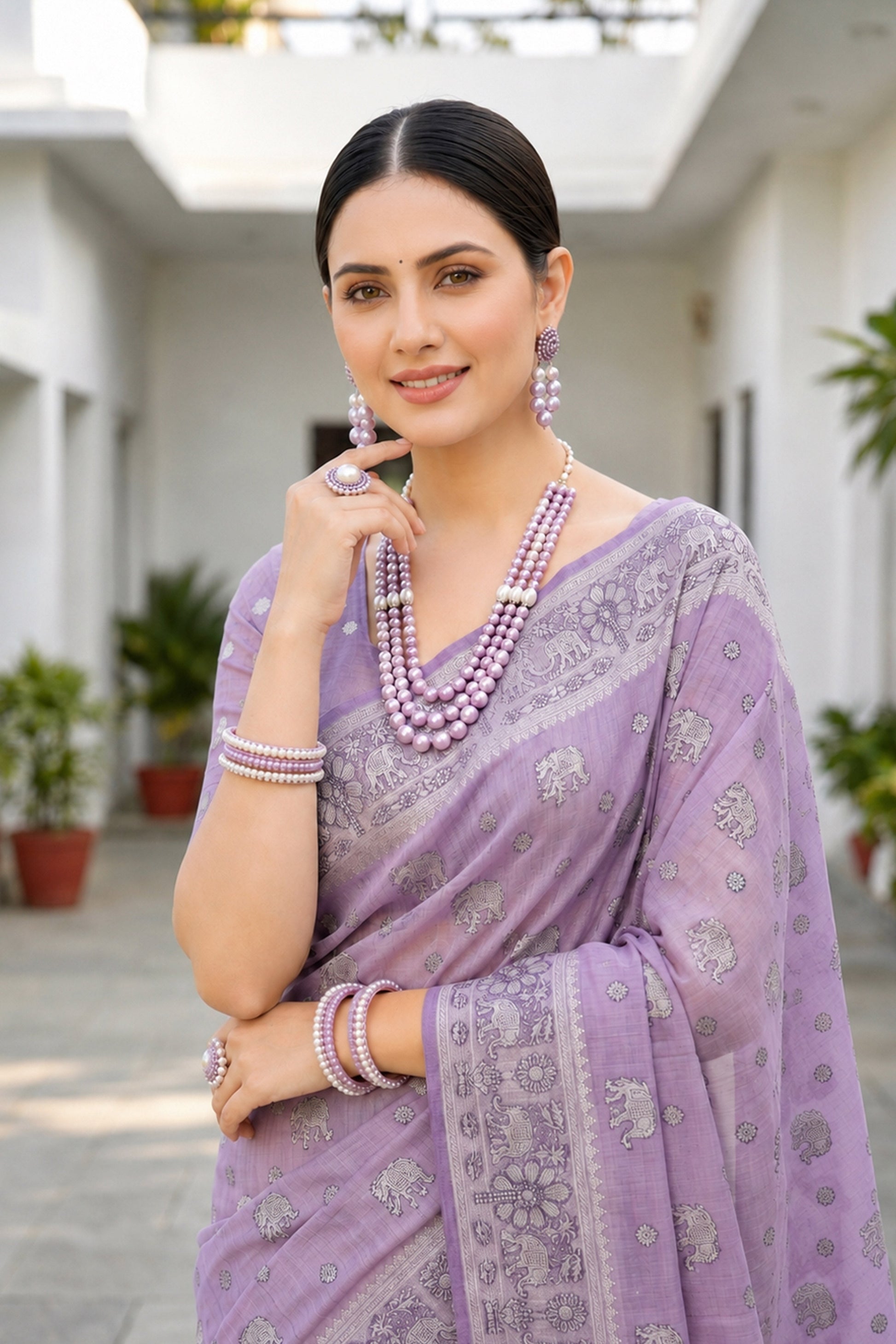Sangam Prints Lavender Purple Cotton Blend Woven Work Traditional Saree