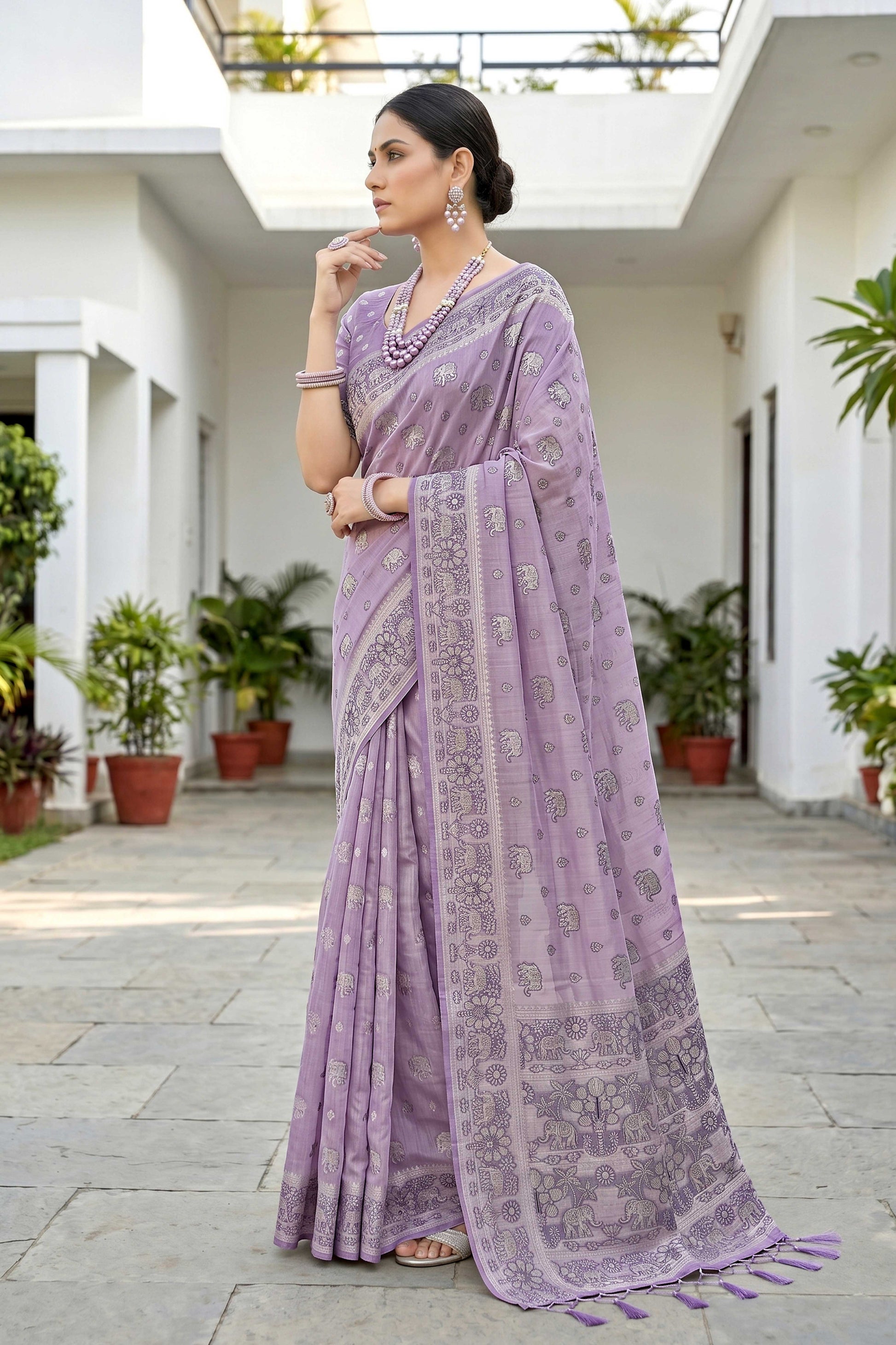 Sangam Prints Lavender Purple Cotton Blend Woven Work Traditional Saree