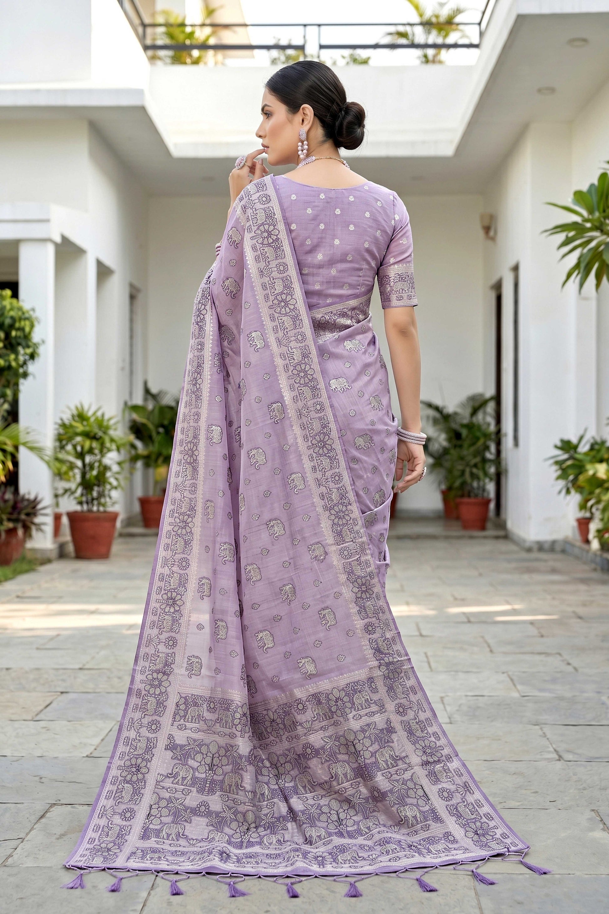 Sangam Prints Lavender Purple Cotton Blend Woven Work Traditional Saree