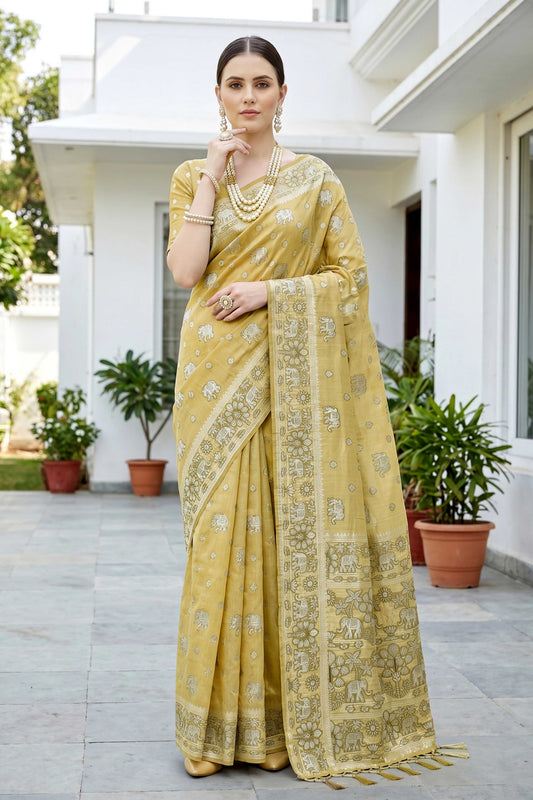 Sangam Prints Mustard Gold Cotton Blend Woven Work Traditional Saree
