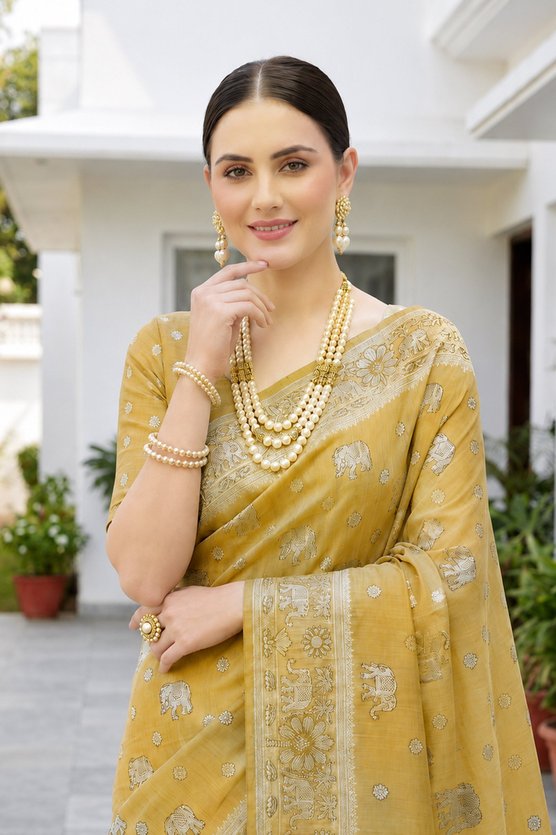 Sangam Prints Mustard Gold Cotton Blend Woven Work Traditional Saree
