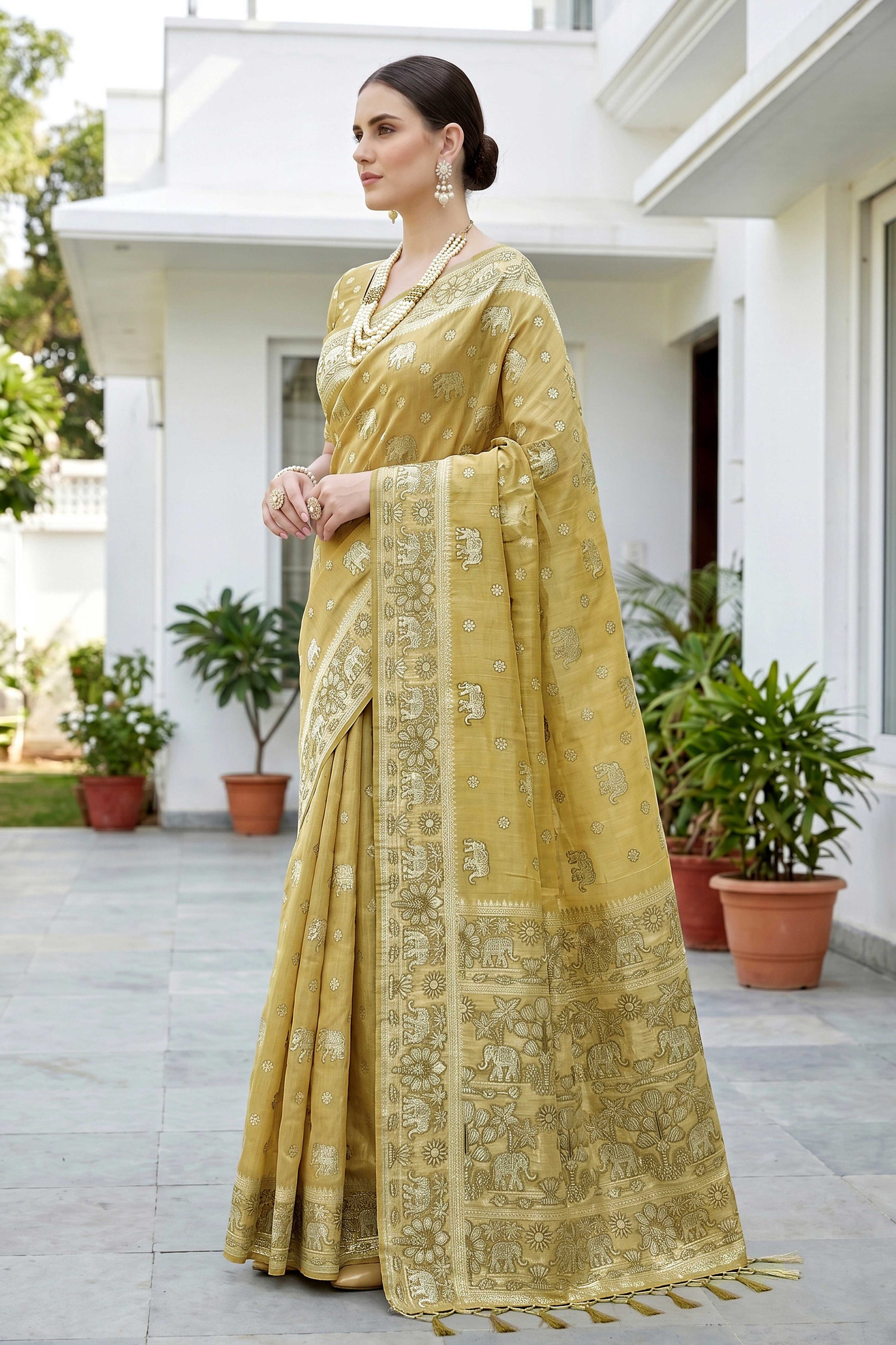 Sangam Prints Mustard Gold Cotton Blend Woven Work Traditional Saree