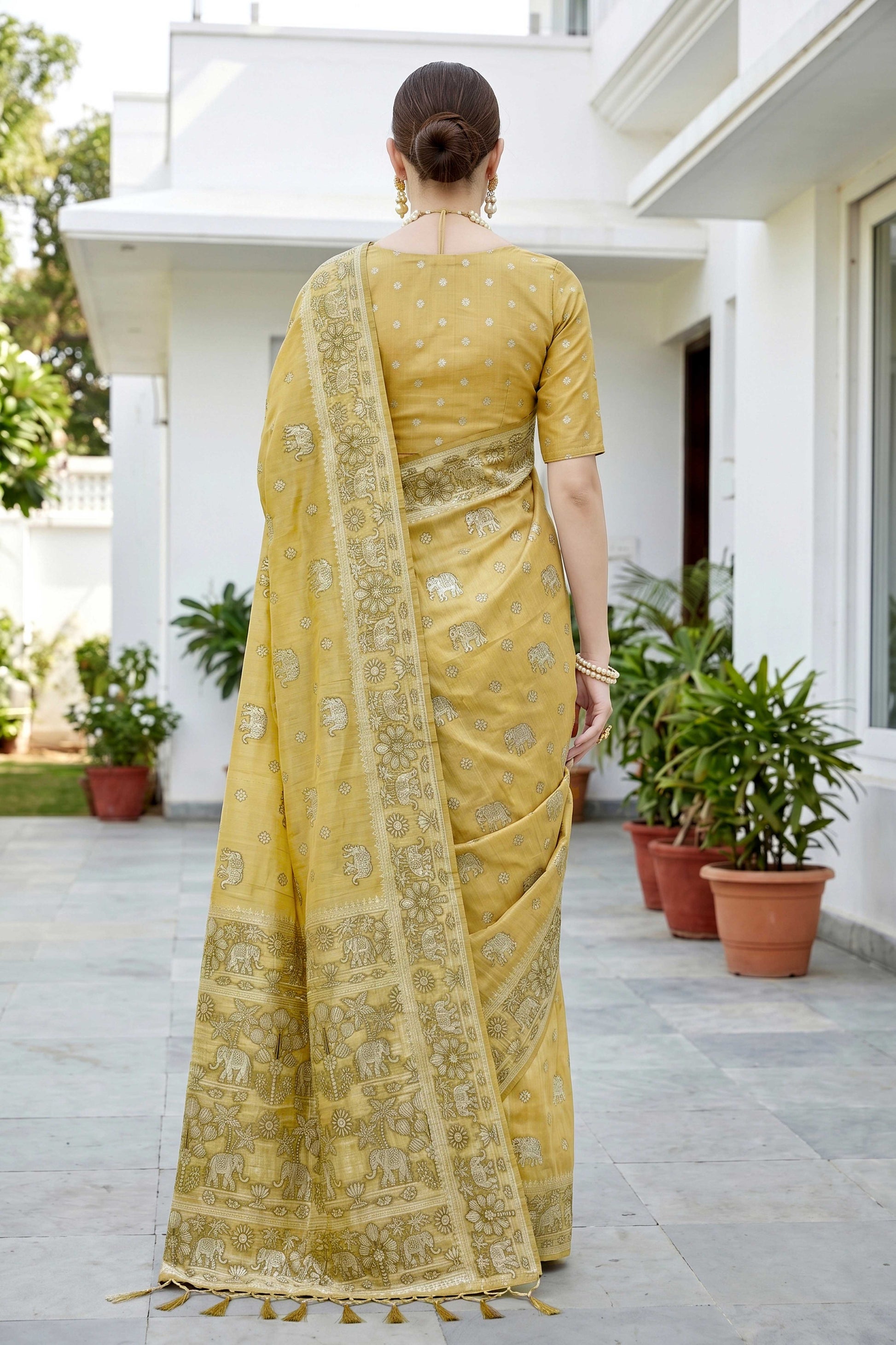 Sangam Prints Mustard Gold Cotton Blend Woven Work Traditional Saree