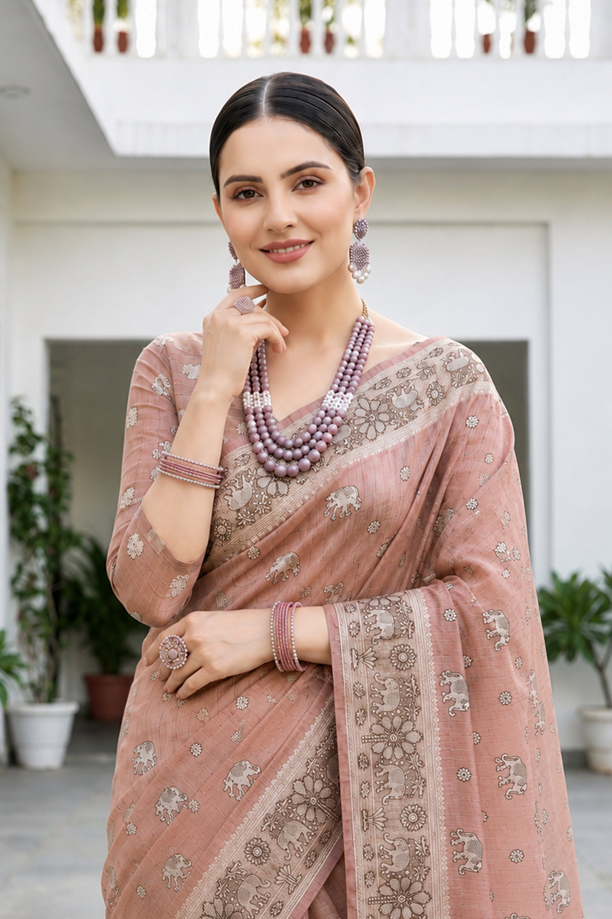 Sangam Prints Dusty Rose Cotton Blend Woven Work Traditional Saree