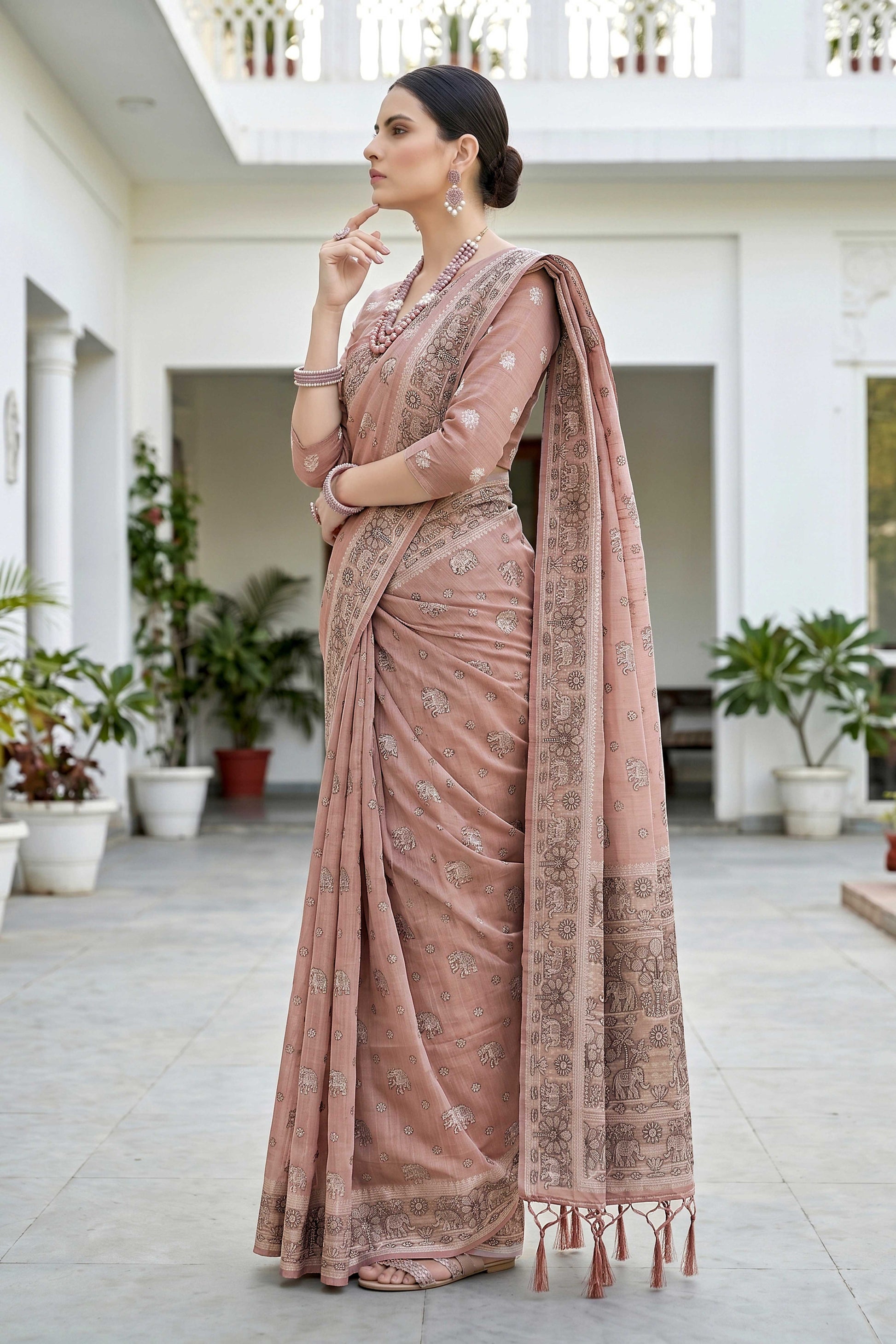 Sangam Prints Dusty Rose Cotton Blend Woven Work Traditional Saree