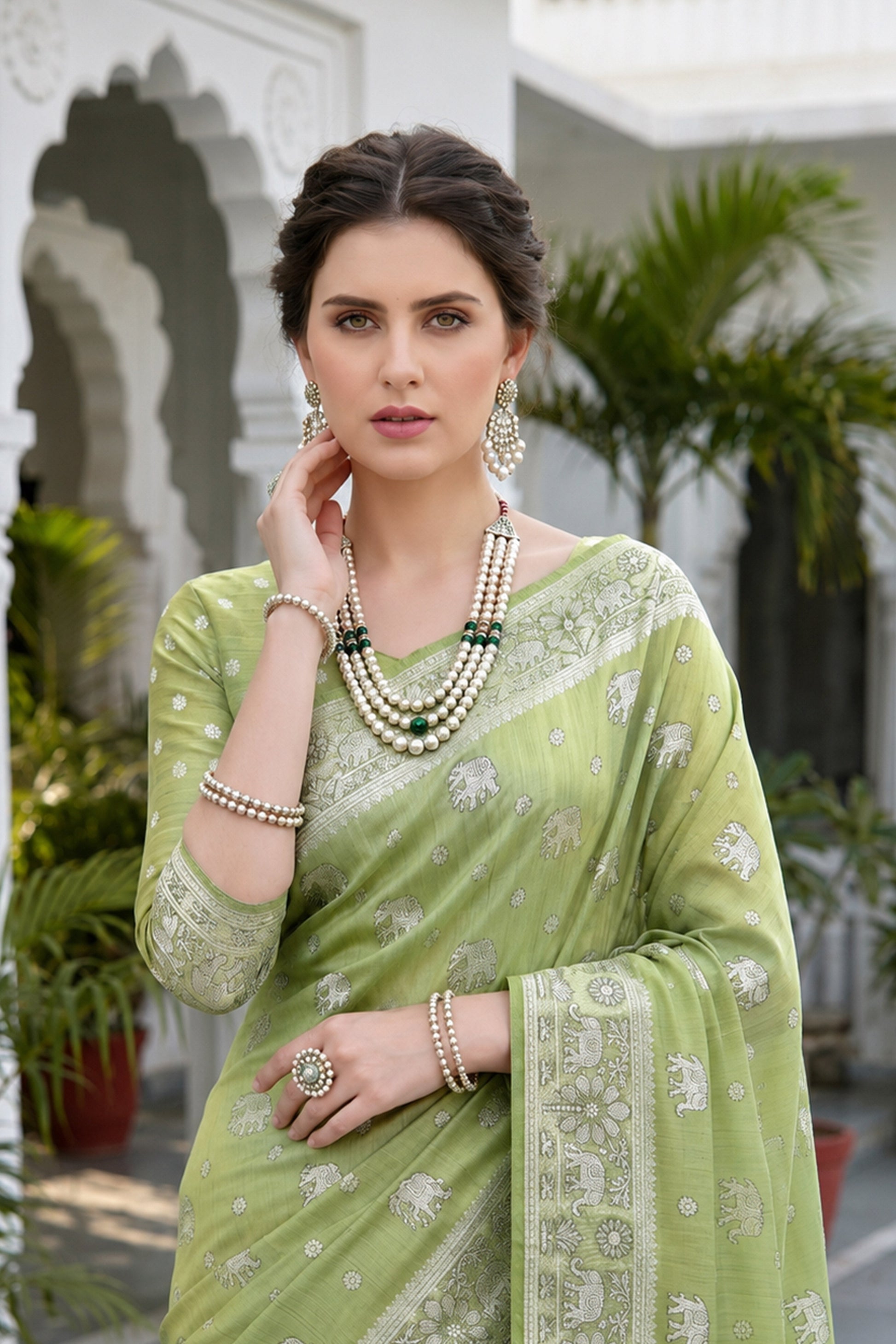 Sangam Prints Pista Green Cotton Blend Woven Work Traditional Saree