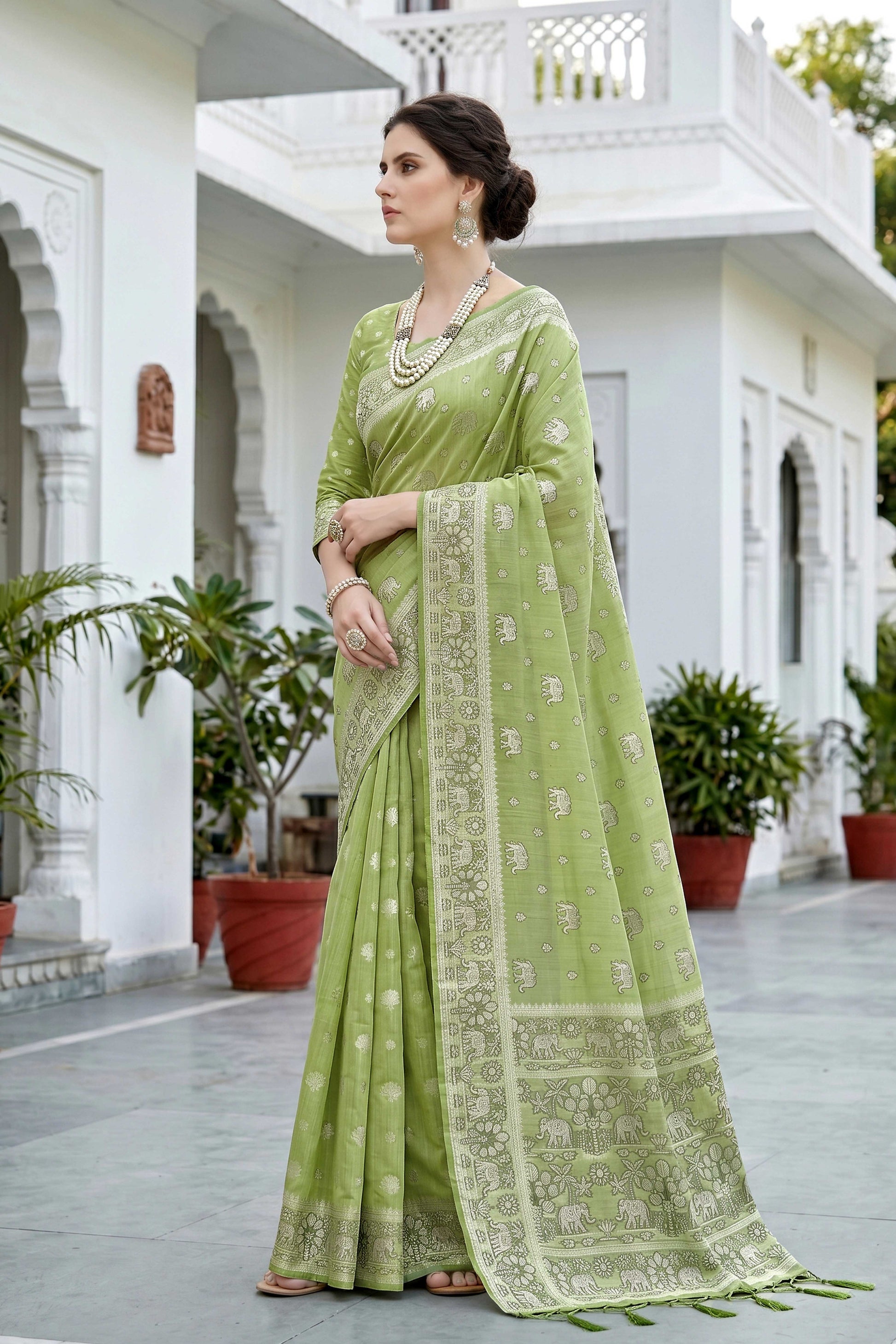 Sangam Prints Pista Green Cotton Blend Woven Work Traditional Saree