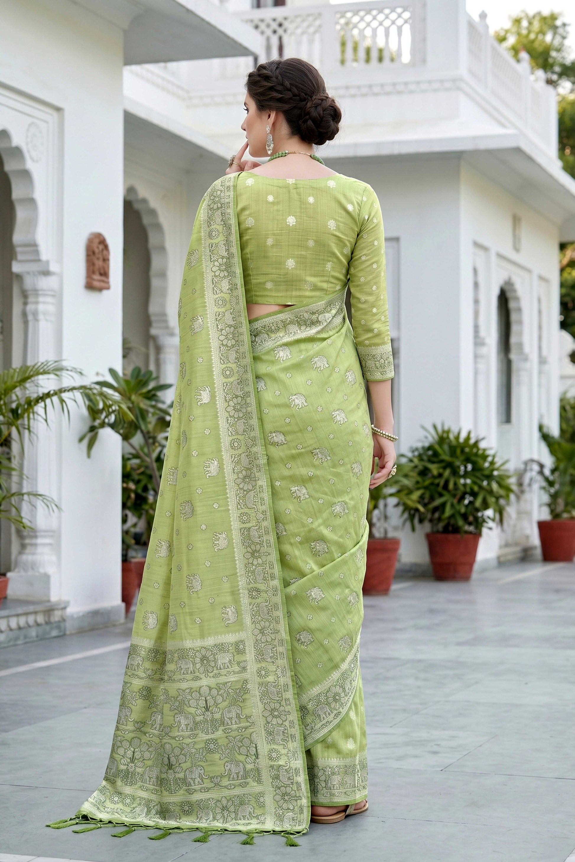 Sangam Prints Pista Green Cotton Blend Woven Work Traditional Saree