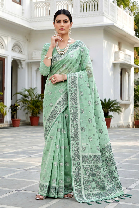 Sangam Prints Mint Green Cotton Blend Woven Work Traditional Saree