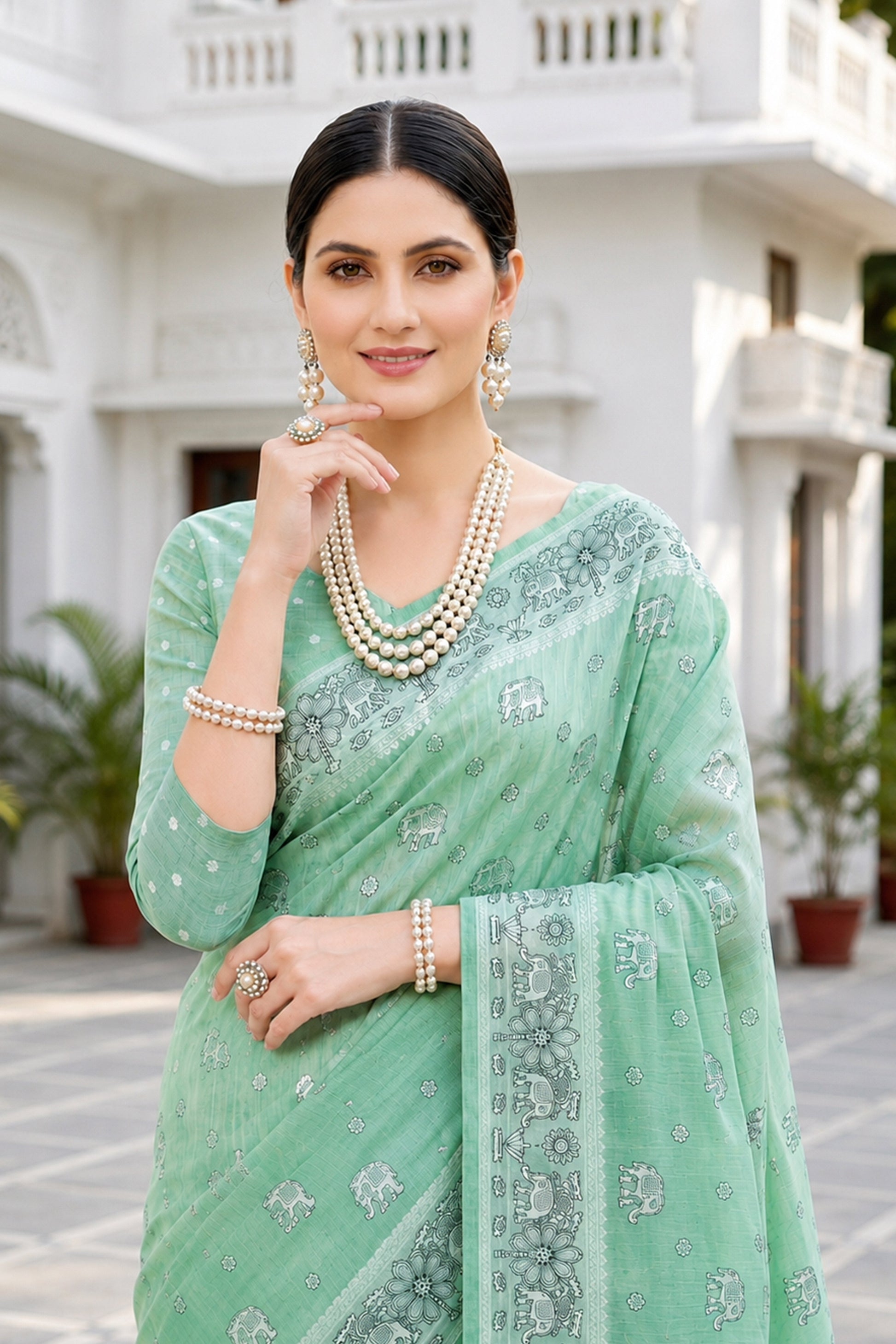 Sangam Prints Mint Green Cotton Blend Woven Work Traditional Saree