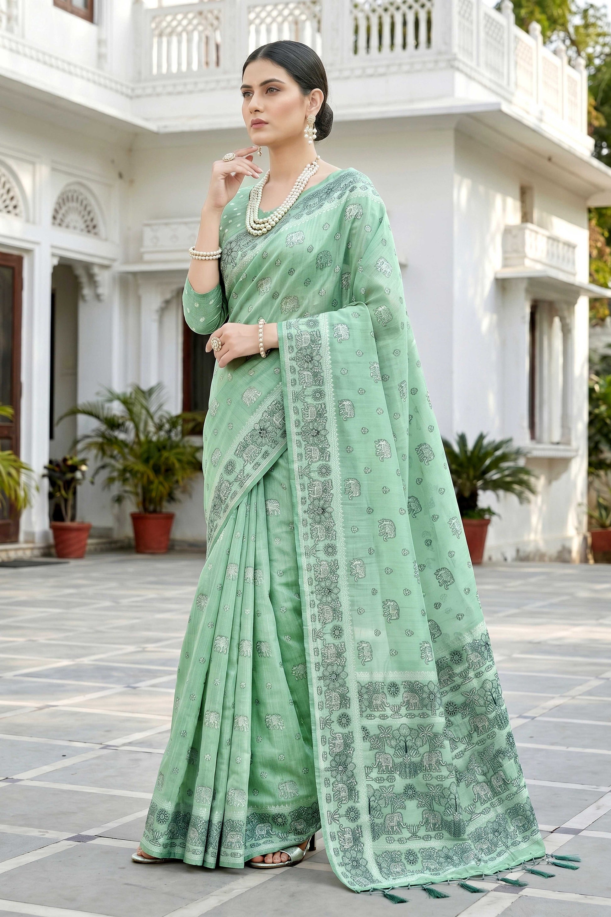 Sangam Prints Mint Green Cotton Blend Woven Work Traditional Saree